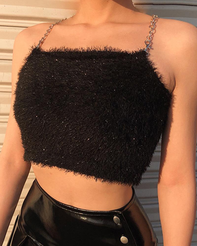 

Fluffy Spaghttti Strap Crop Top, Black