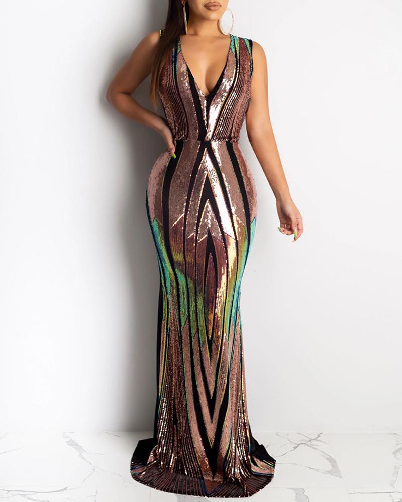 

Sleeveless Sequin Evening Dress, Brown