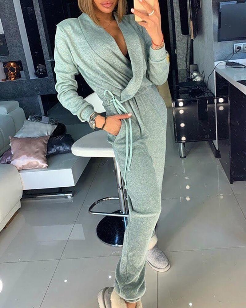 

Solid Long Sleeve Drawstring Design Jumpsuit, Light green