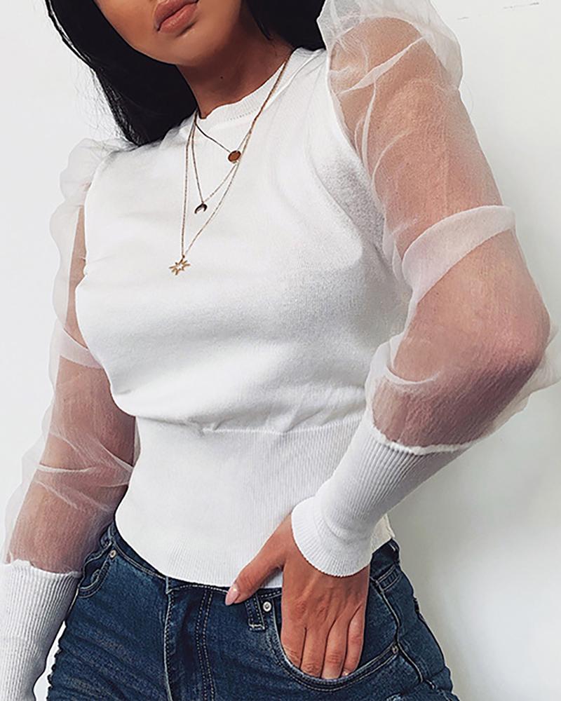 

Round Neck Puff Sleeve Mesh Insert Blouse, White