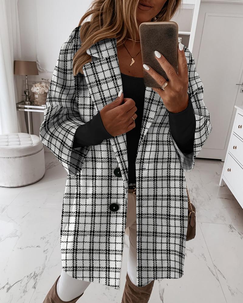 

Button Design Long Sleeve Plaid Trench Coat, Black&white