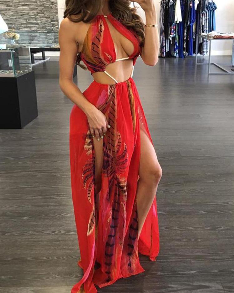

Red Floral Cut Out Halter Maxi Chiffon Dress High Slit Summer Holiday Dress