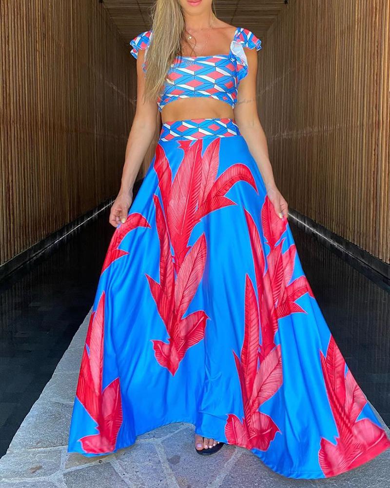 

Square Neck Tropical Print Cutout Maxi Dress, Blue