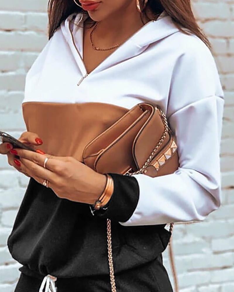 

Leopard Print Colorblock Zipper Hoodies Sweatshirt, White