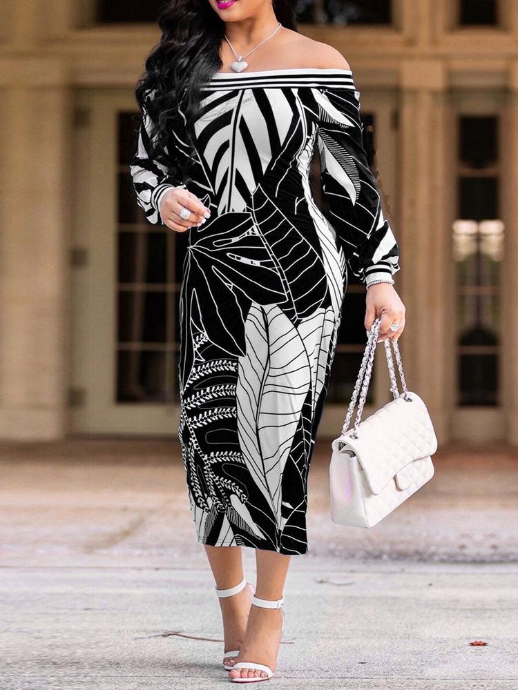 

Off Shoulder Digital Print Casual Dress, Black