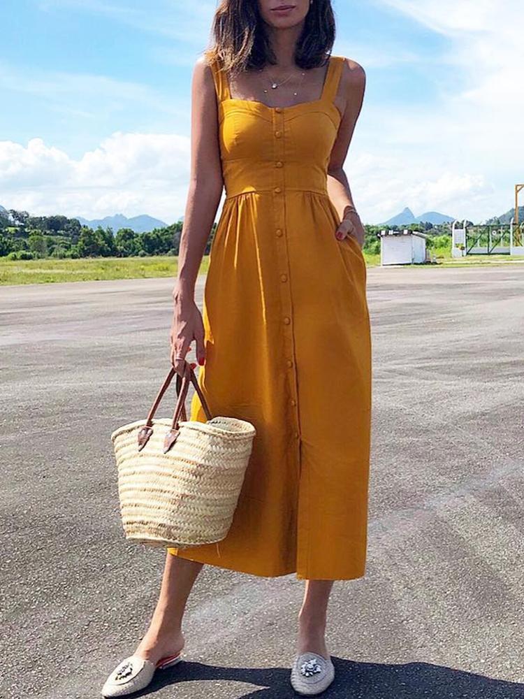 

Solid Button Design Thick Strap Casual Dress, Yellow
