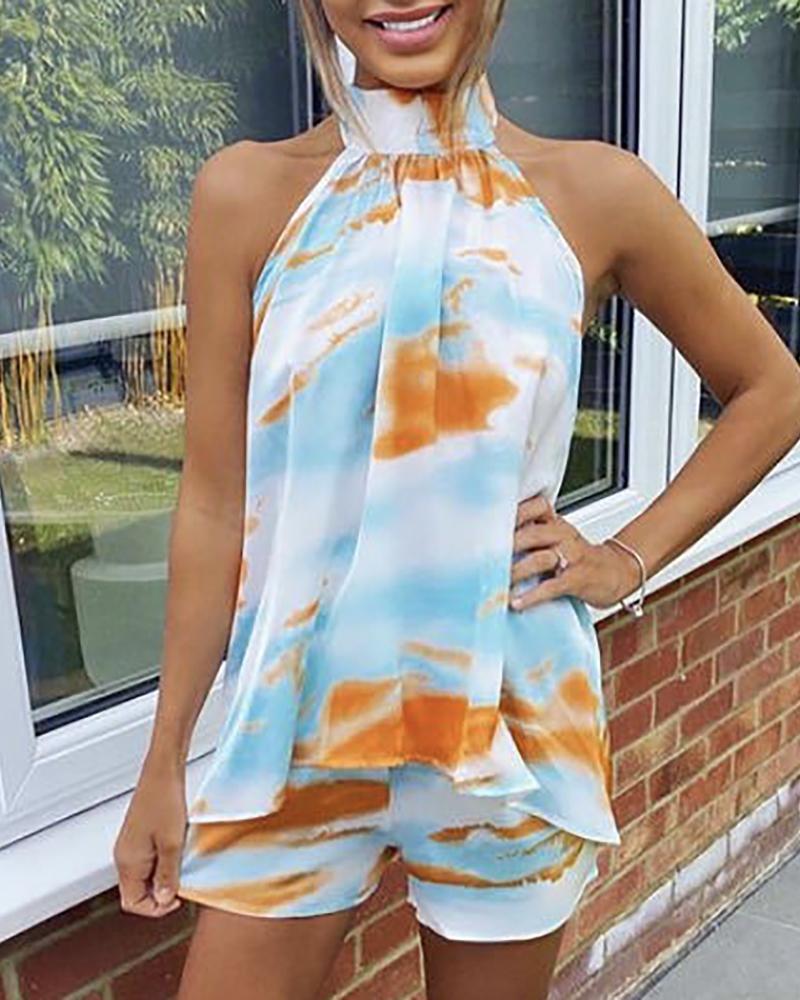 

Halter Tie Dye Print Backless Top & Shorts Set, Light blue