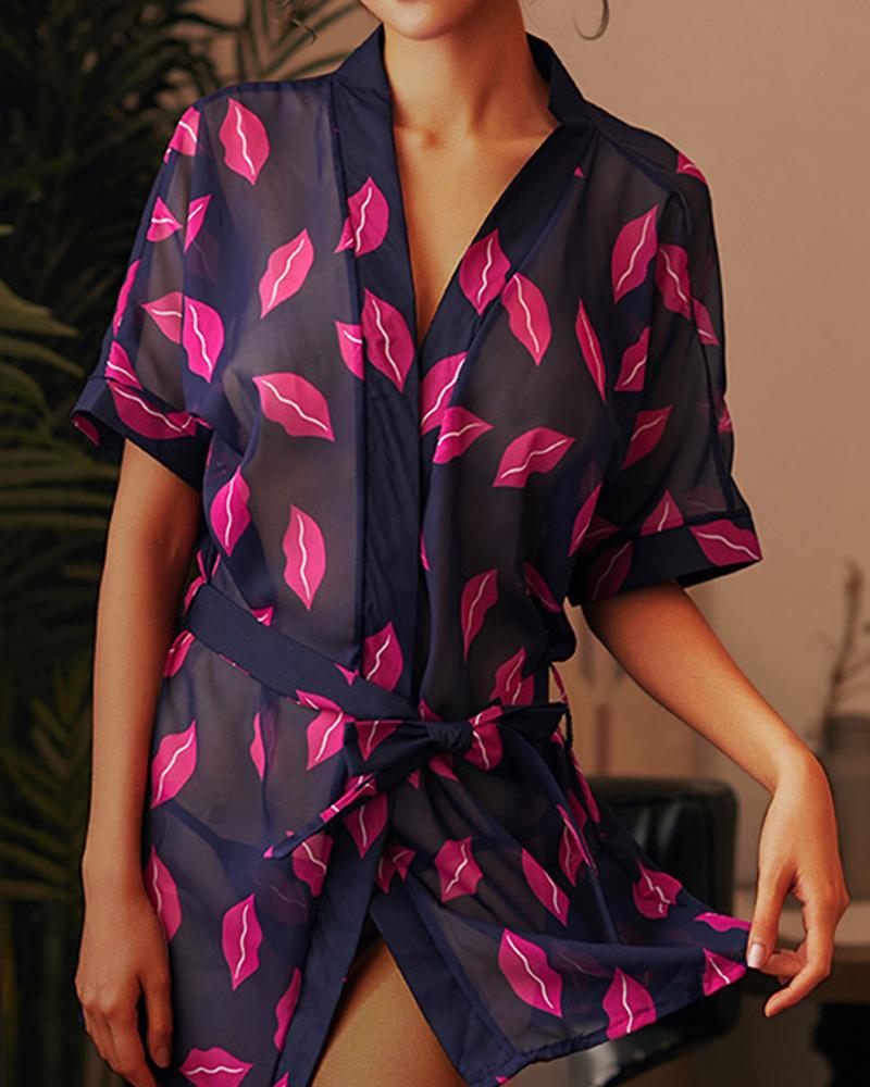 

Lip Print Half Sleeve Robe, Purple