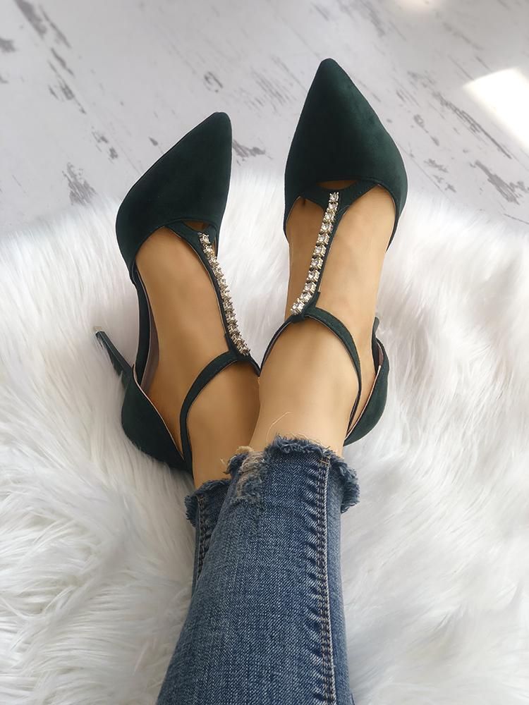 

Glittering Embellished T-Strap Pointed Toe Heels, Green