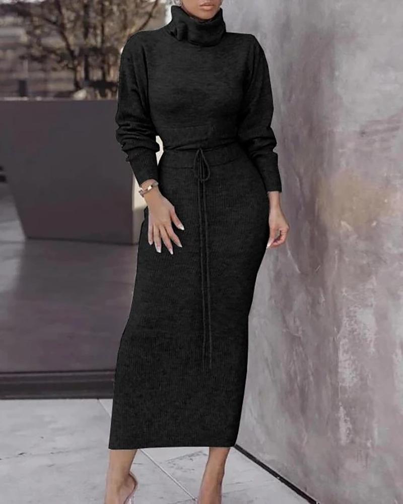 

High Neck Drawstring Knit Casual Dress, Black