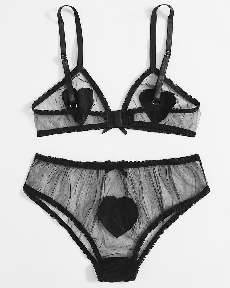 

Heart Pattern Sheer Mesh Lingerie Set, Black