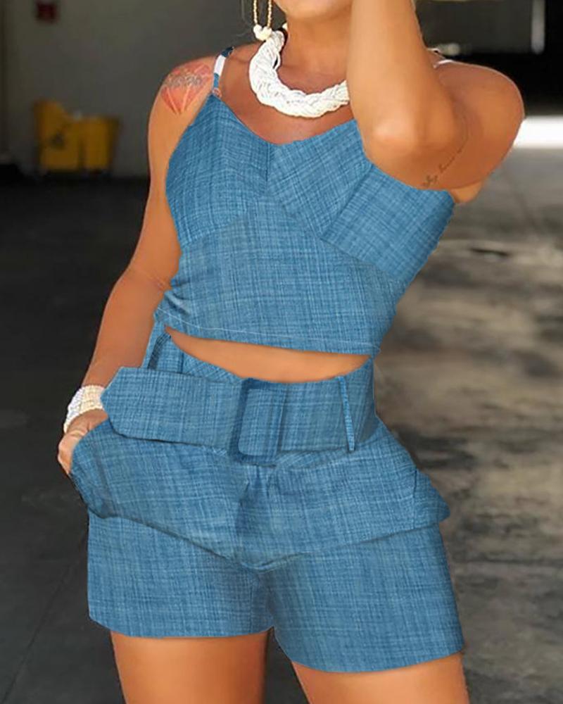 

Solid Spaghetti Strap Top & Short Sets, Blue