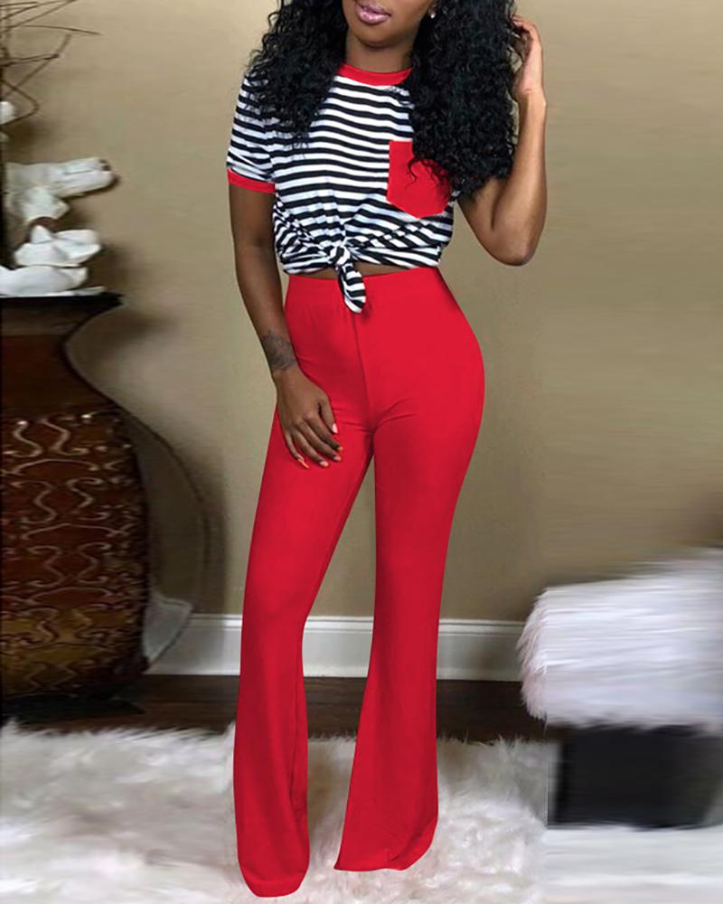 

Colorblock Striped Tee & Flared Pants Sets, Red