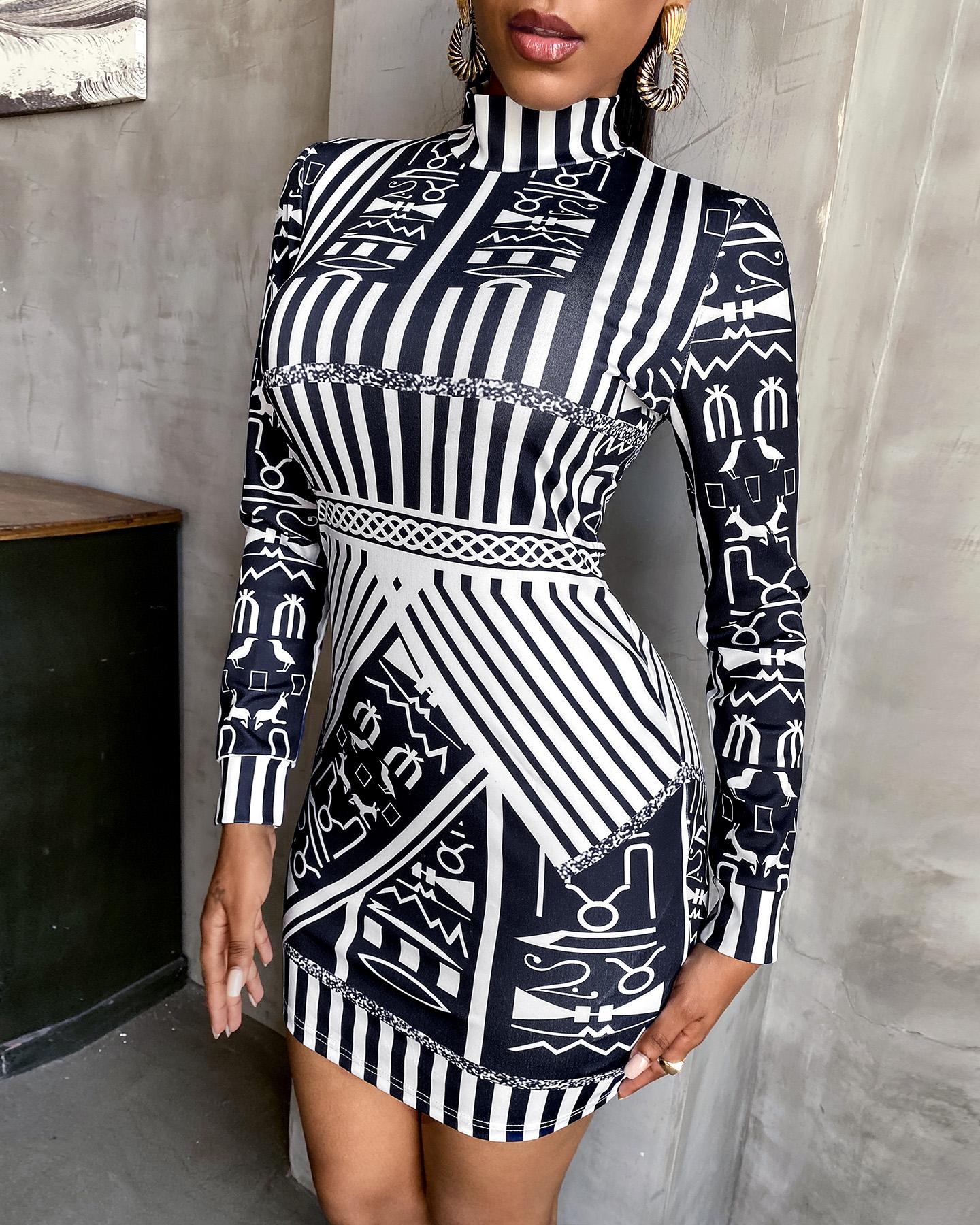 

Abstract Print Long Sleeve Bodycon Dress, Black