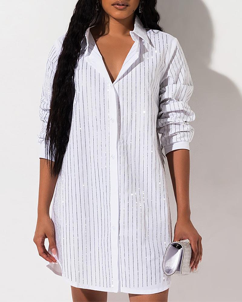 

Glitter Studded Long Sleeve Shirt Dress, White