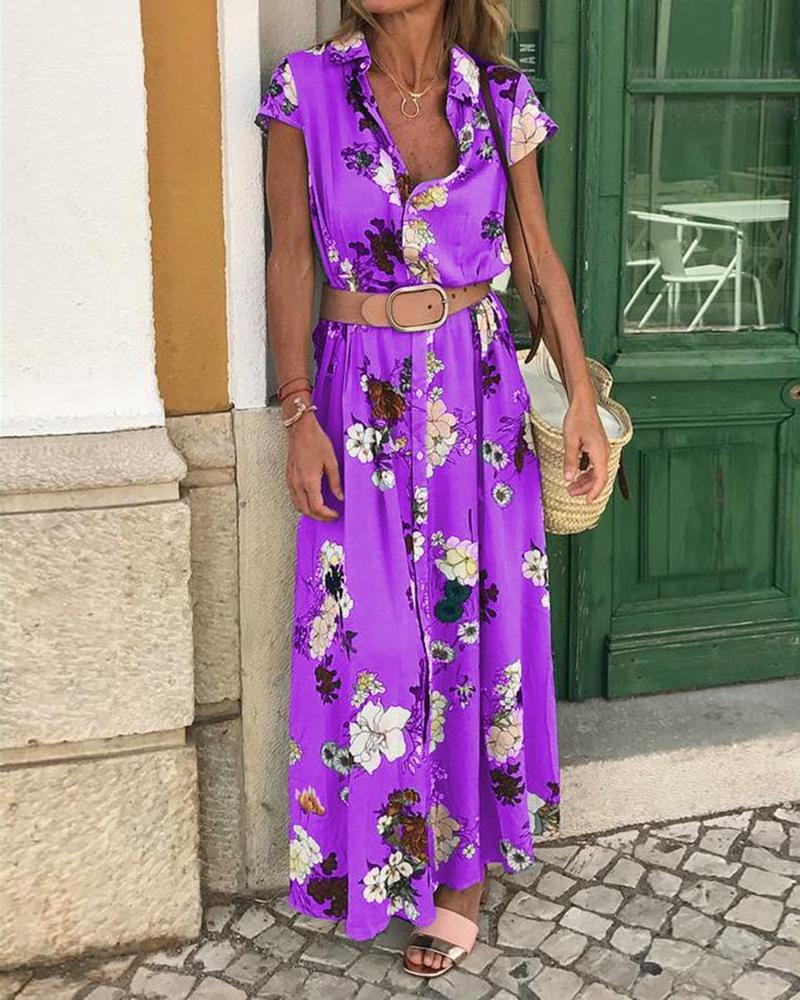 

Short Sleeve Floral Print Shirt Maxi Dress, Purple