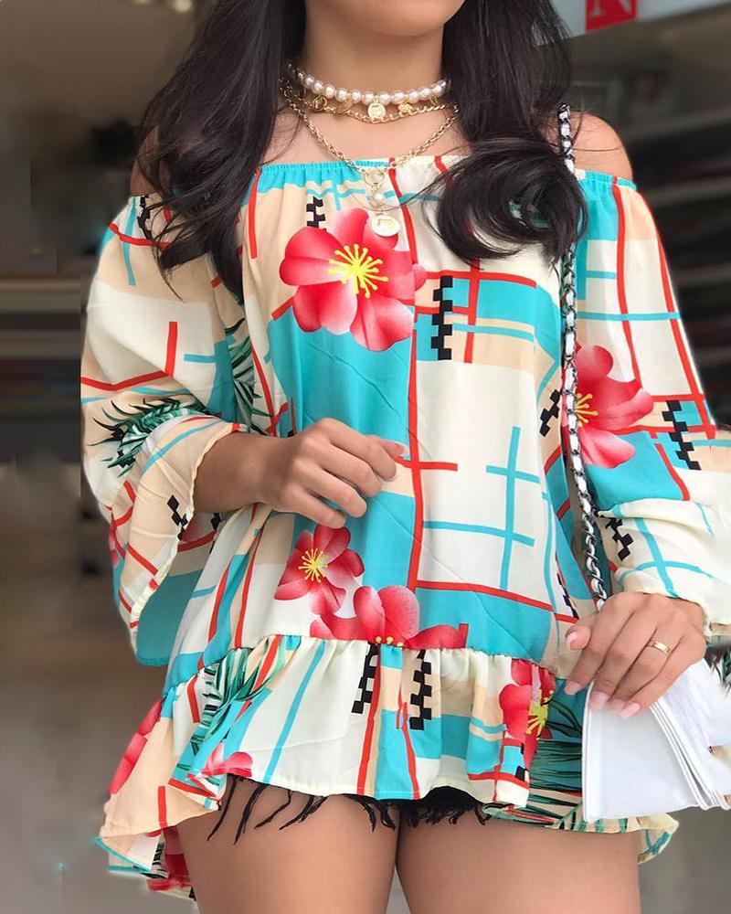 

Off Shoulder Print Casual Blouse, Multicolor