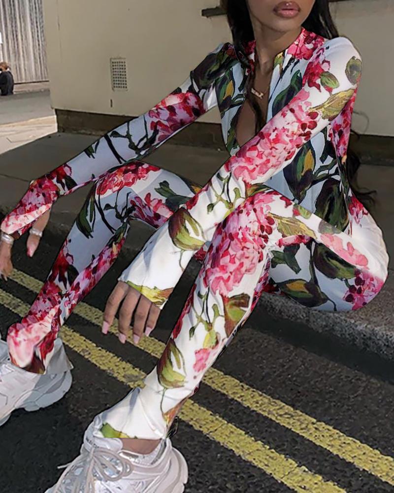 

Long Sleeve Floral Print Jumpsuit, Pink