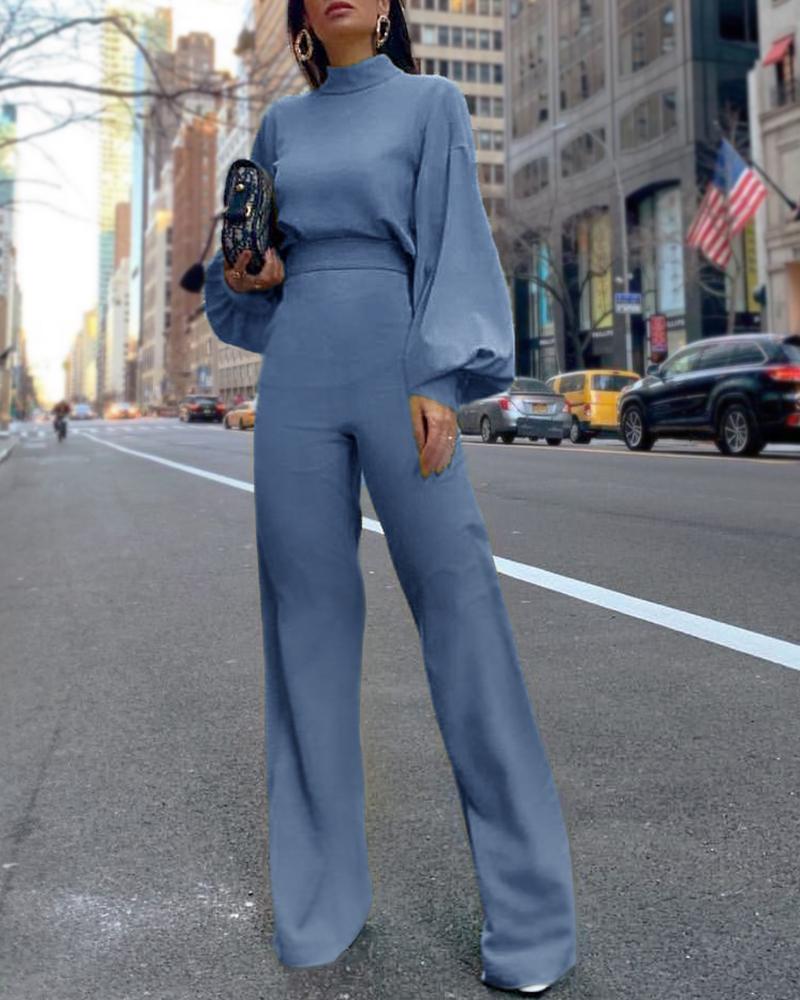 

Solid Lantern Sleeve Mock Neck Jumpsuits