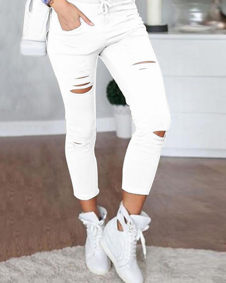 

Holey Drawstring Stretchy Pencil Pants
