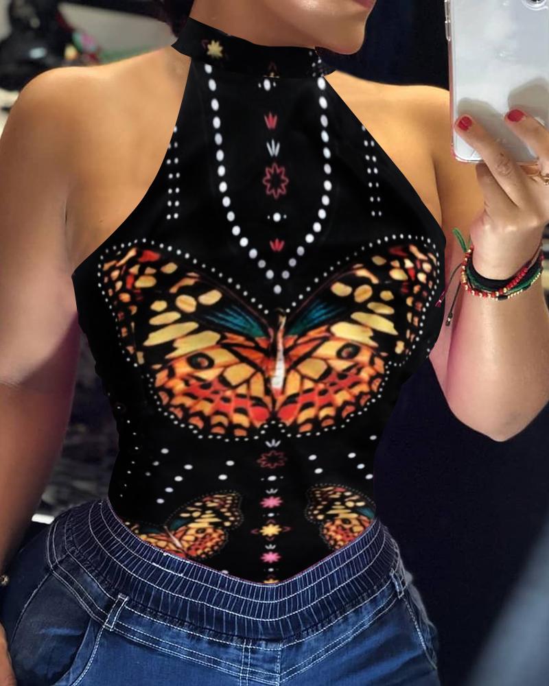 

Butterfly Print Halter Sleeveless Top, Black