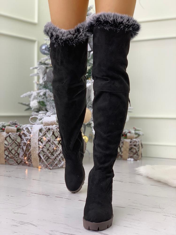 

Fluffy Embellished Over Knee Chunky Heel Boots