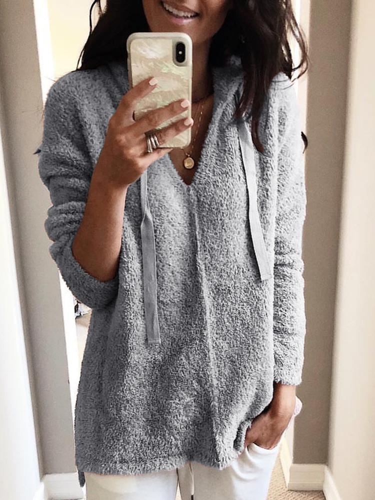 

Solid Fluffy Hooded Long Sleeve Sweatshirt, Gray