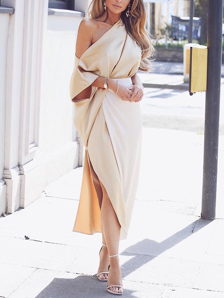 

One Shoulder Wrap Side Slit Maxi Dress, Nude