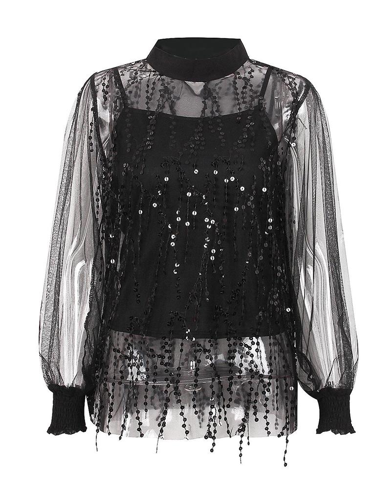 

Mock Neck Mesh Insert Top With Sequin Tassels, Black