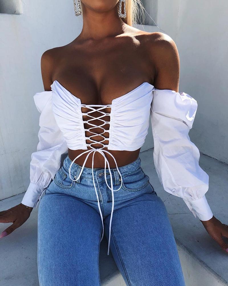 

Off Shoulder Lace-Up Puffed Sleeve Blouse, White