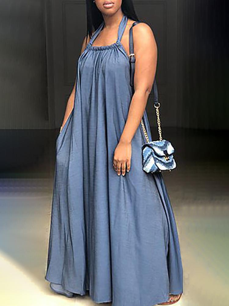 

Oversize Halter Neck Pleated Maxi Dress, Blue