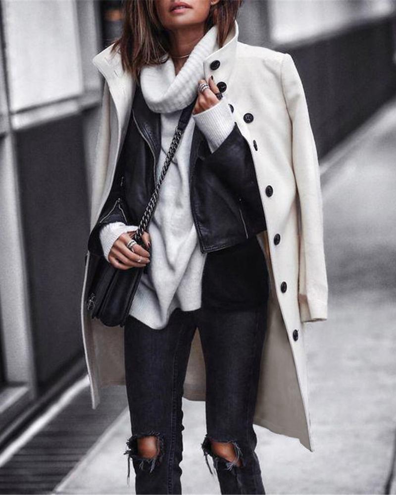 

Solid Long Sleeve Buttoned Longline Coat, White