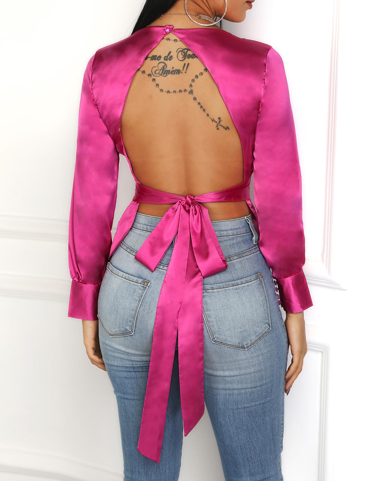 

Solid Bowknot Design Open Back Blouse, Rose red