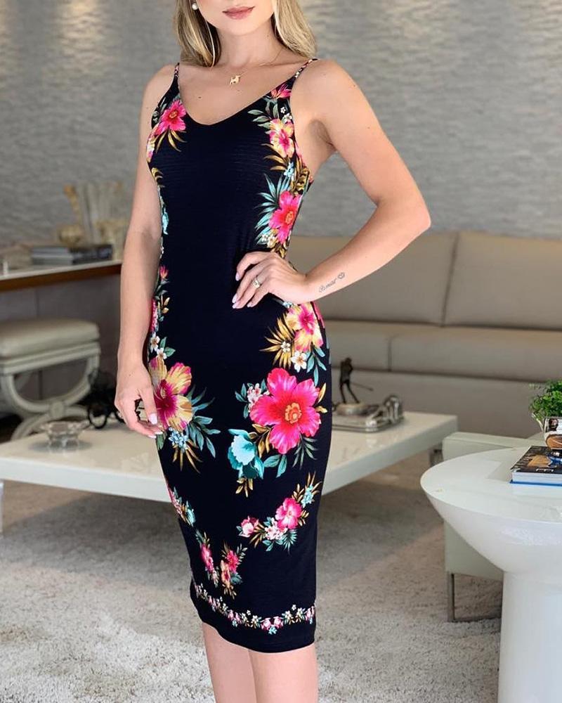 

Halter Strap Floral Print Midi Dress, Black