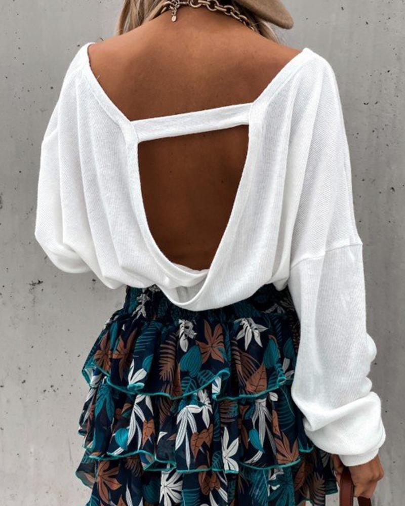 

Solid Long Sleeve Loose Cut-out Sweaters, White