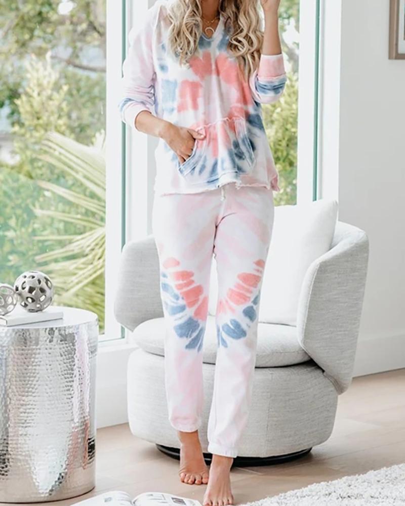 

Tie Dye Print Hooded Top & Drawstring Pants Set, White