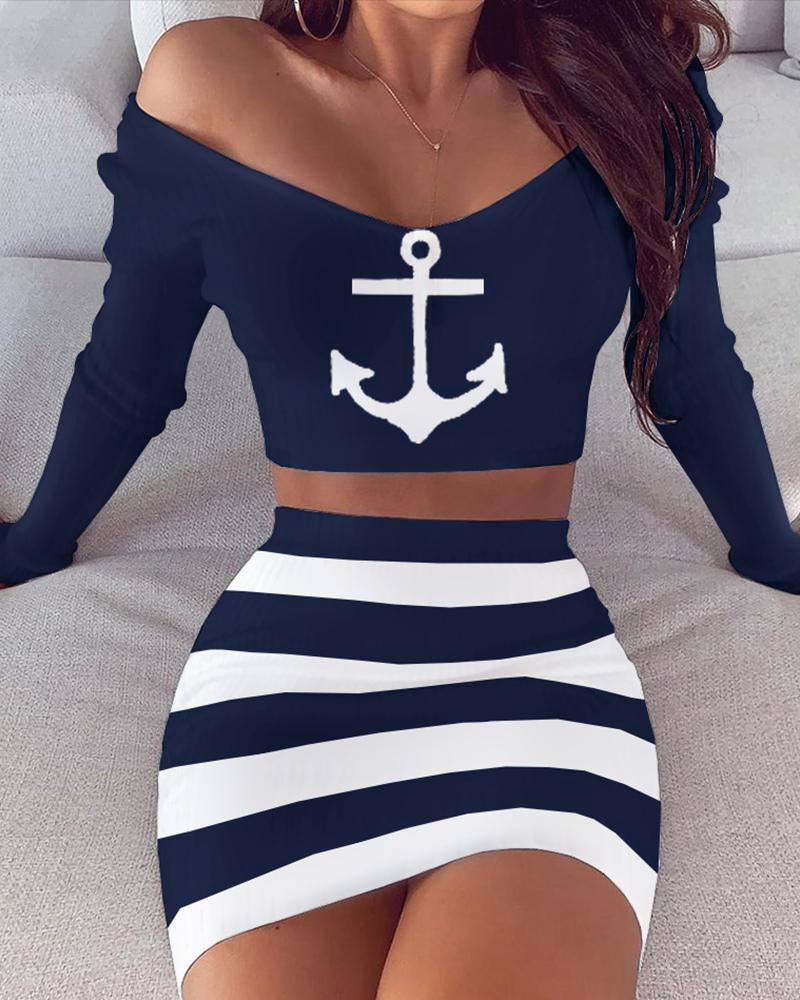 

Boat Abchor Print Striped Crop Top & Skirt Sets, Purplish blue