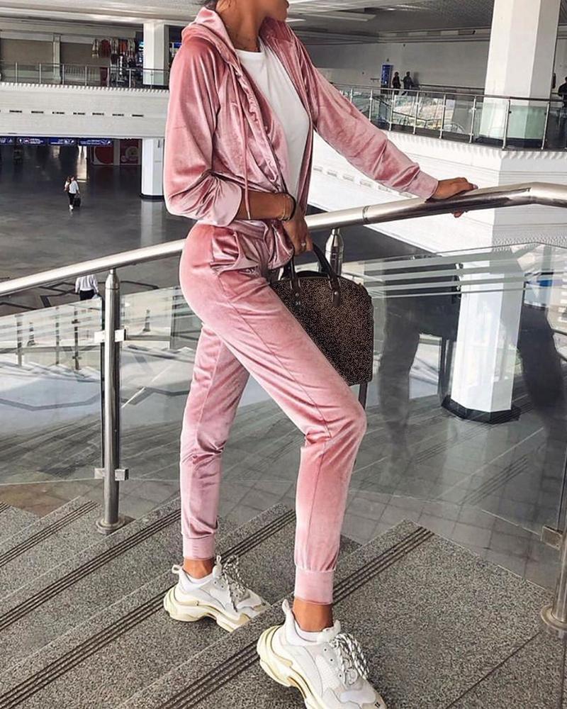 

Solid Velour Drawstring Pocketed Tracksuit