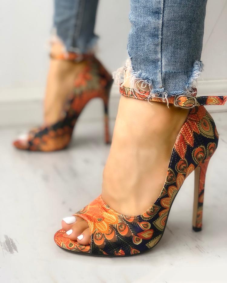 

Ethnic Print Peep Toe Ankle Strap Heeled Sandals, Orange
