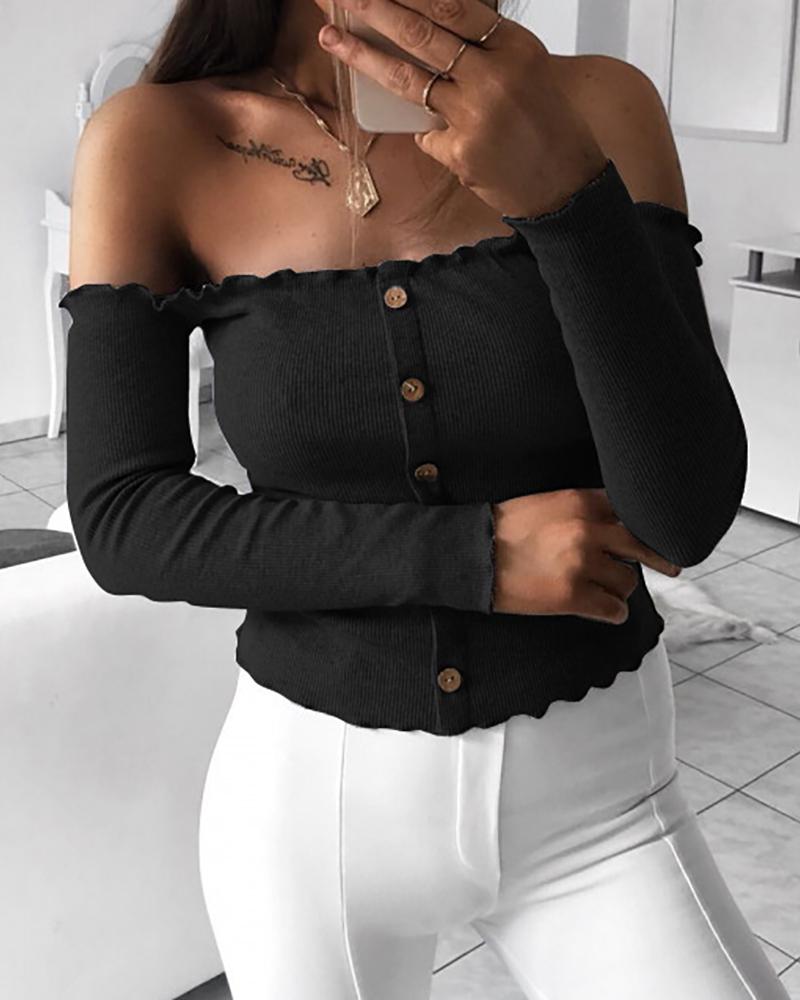 

Plain Off Shoulder Button Design Frill Hem Top, Black