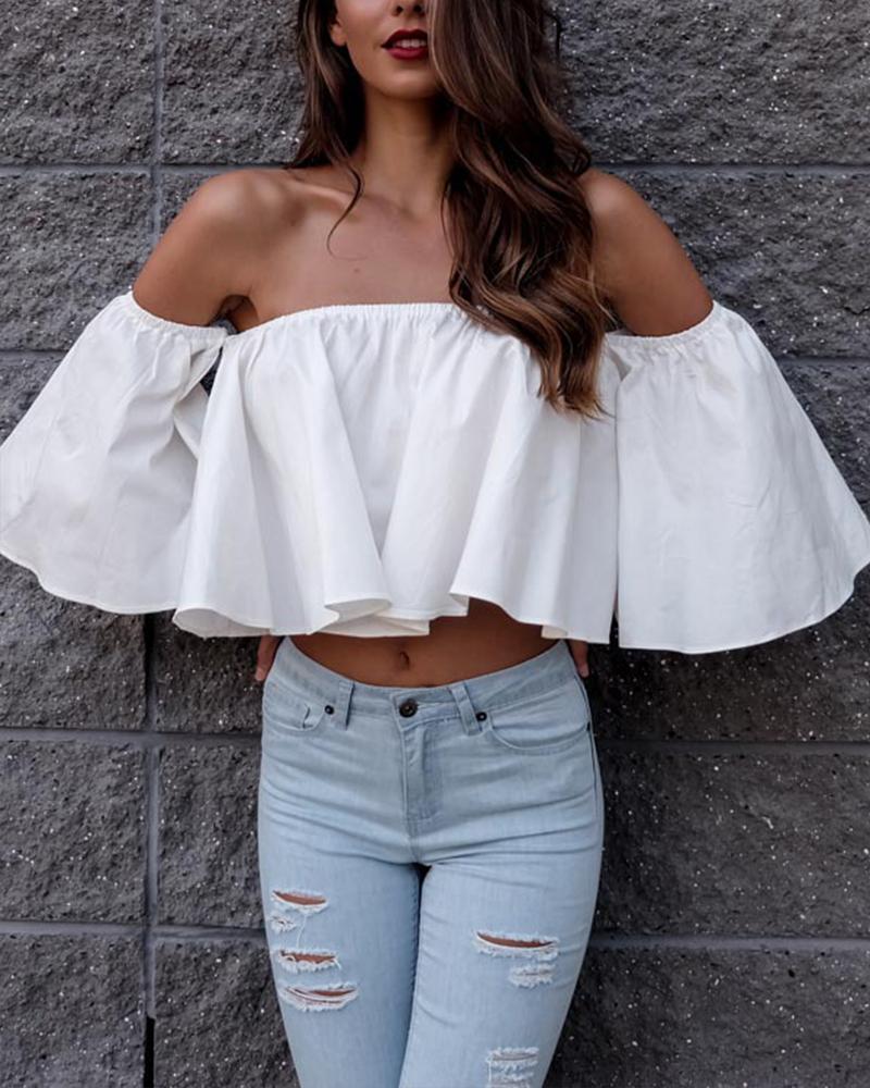 

Off Shoulder Ruffle Crop Top, White