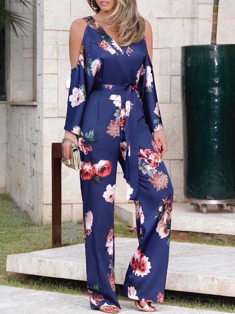 

Floral Cold Shoulder Belted Wide Led Jumpsuit