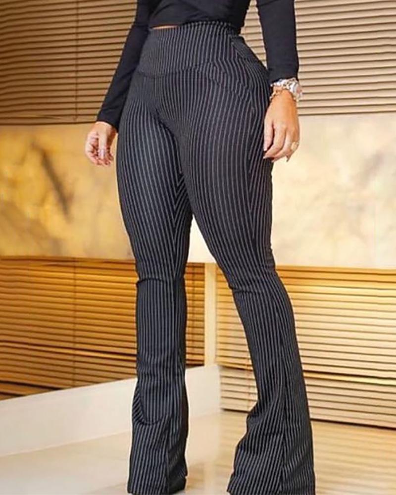 

Striped High Waist Bell-Bottom Pants, Black