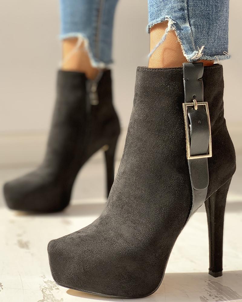 

Suede Pointed Toe Platform Thin Heeled Boots, Black