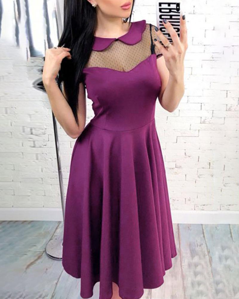 

Dot Mesh Insert Pleated Dress, Purple