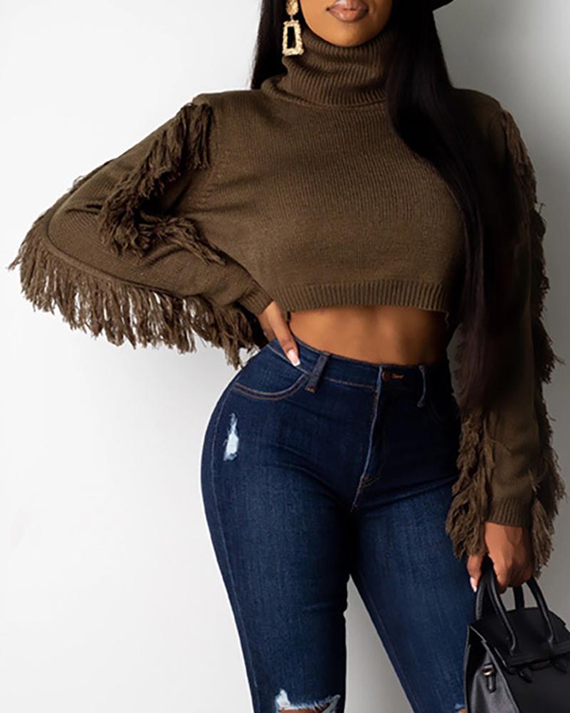 

Tassel High Neck Long Sleeve Sweater, Brown