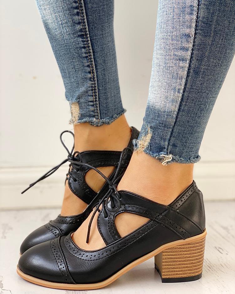 

Lace-Up Cut Out Chunky Heels, Black