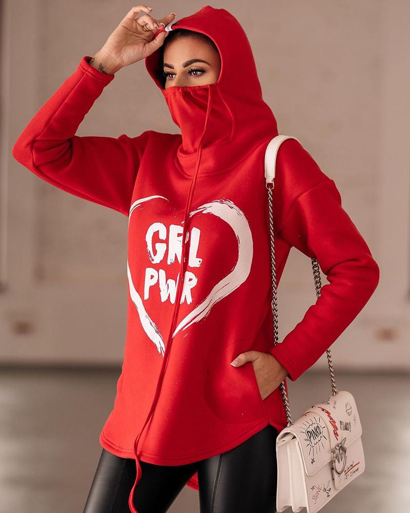 

Letter Print Side Slit Mask Design Hooded Top, Red