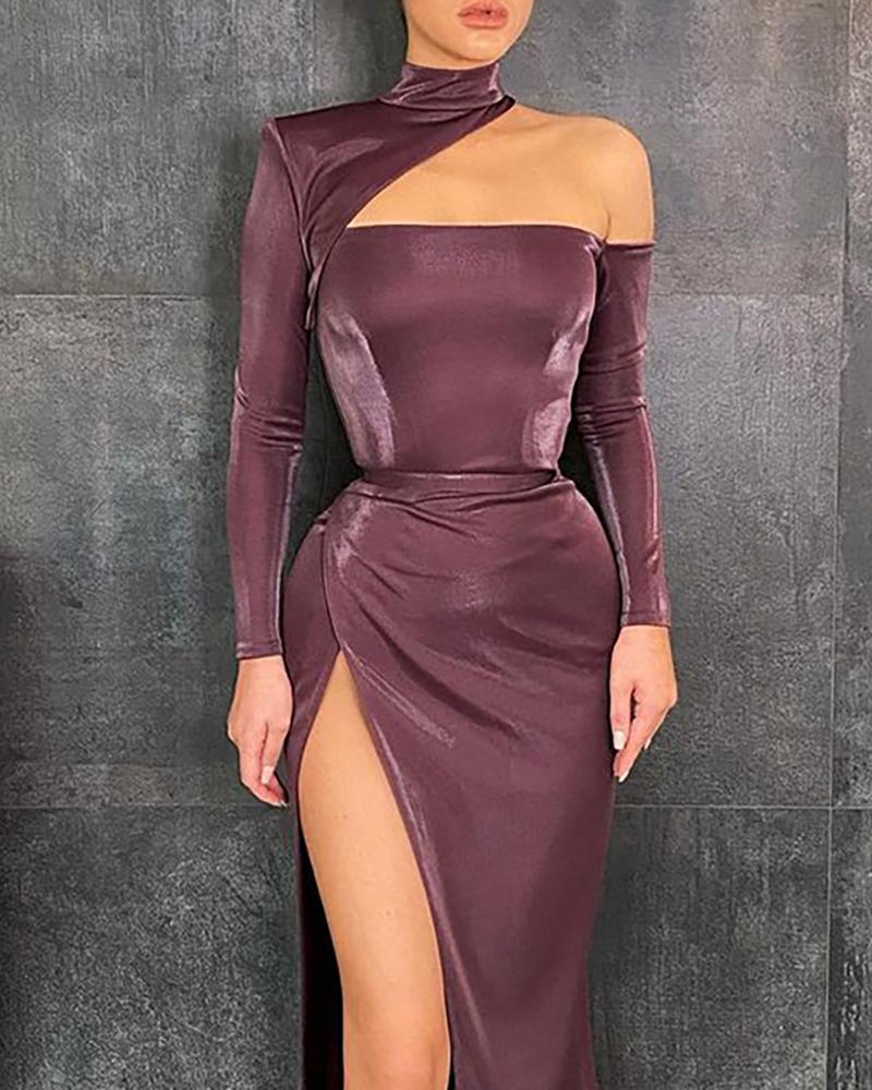 

Cutout Backless Button Detail High Slit Maxi Dress, Purple