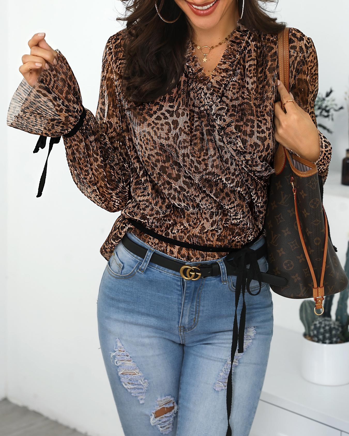 

V-Neck Leopard Print Frill Hem Top